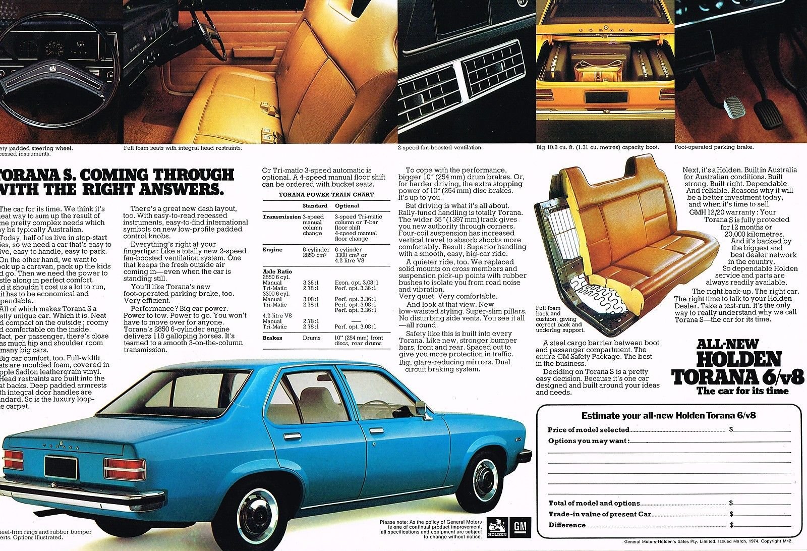 1974 Torana LH S Six and V8 Brochure Page 1